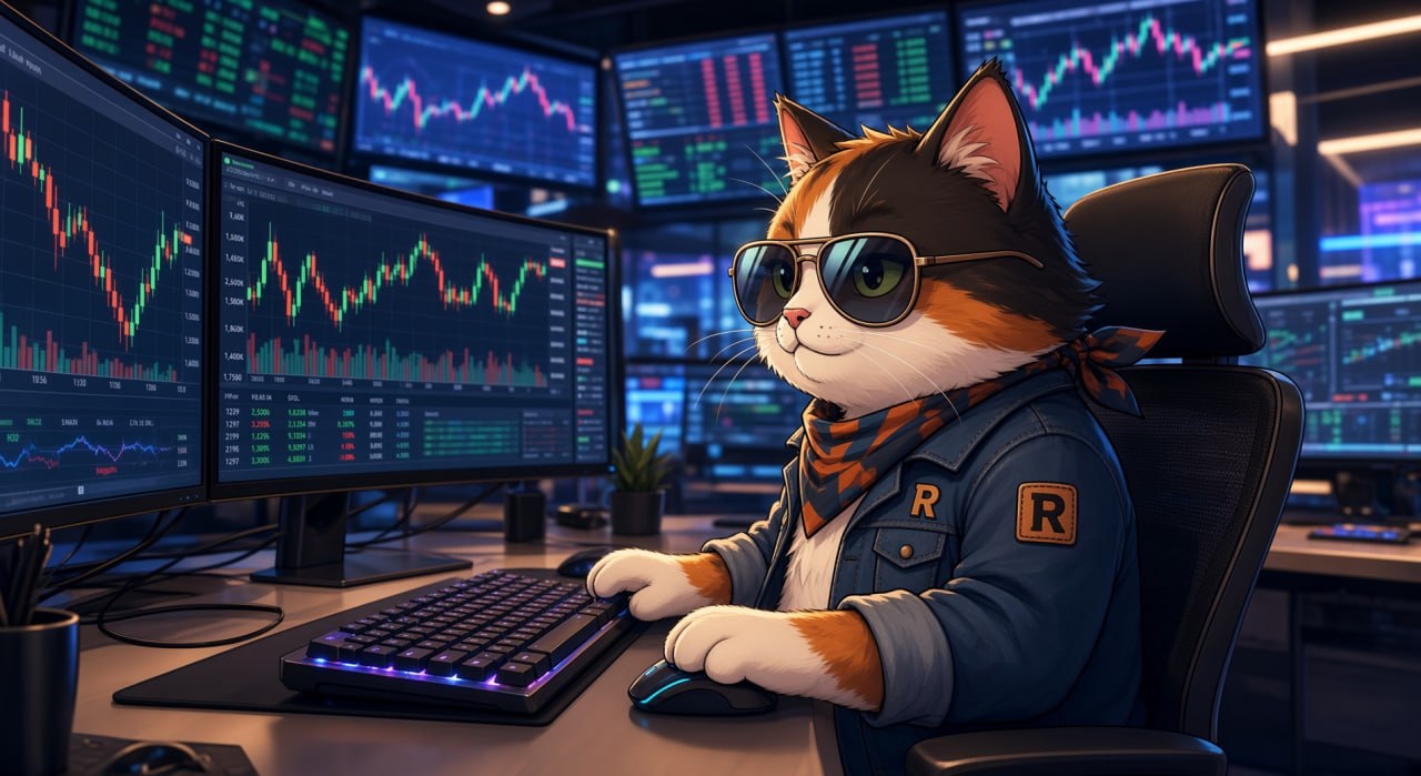 CaliCat trading crypto charts at a desk