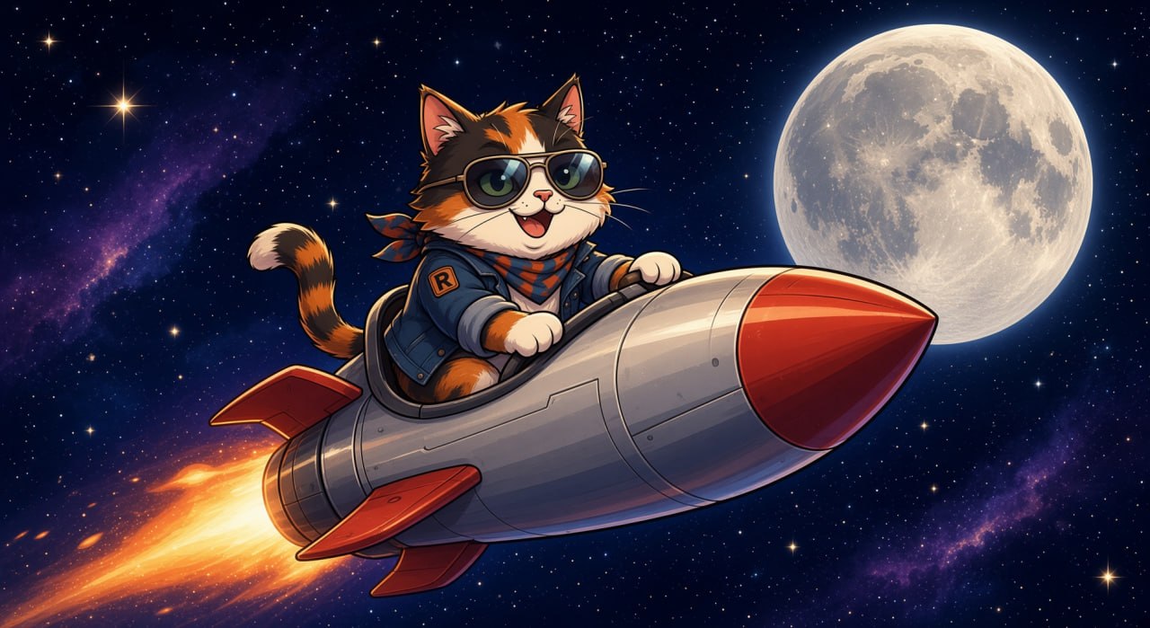 CaliCat riding a rocket past the moon